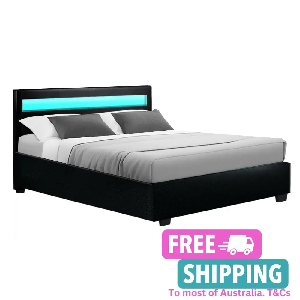 Cosmo Led Double Bed Frame Pu Leather Gas Lift Storage - Black Furniture > Bedroom