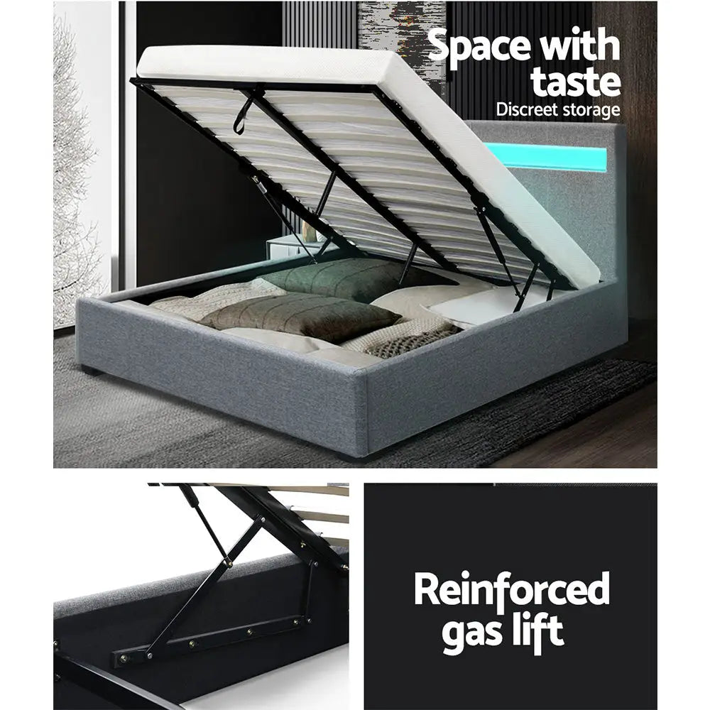 Cosmo Led Double Bed Frame- Gas Lift Rgb - Grey Furniture > Bedroom