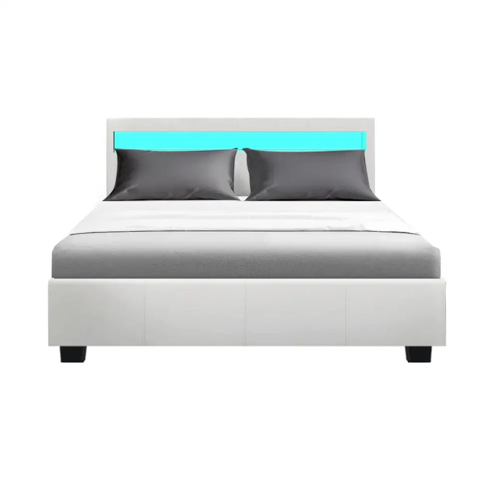 Cosmo Led Double Bed Frame- Gas Lift Rgb White Furniture > Bedroom
