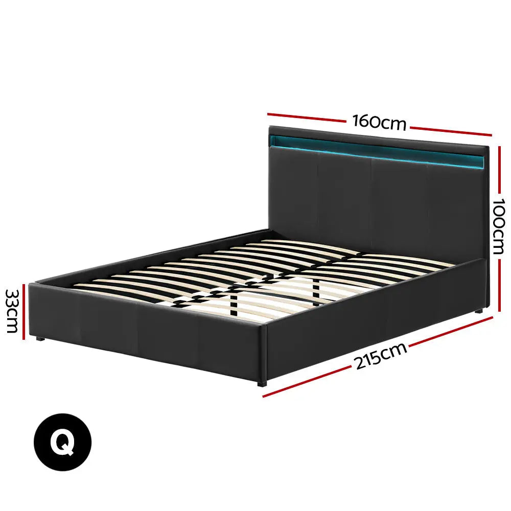 Cosmo Led Queen Bed Frame Pu Leather Gas Lift Storage Furniture > Bedroom