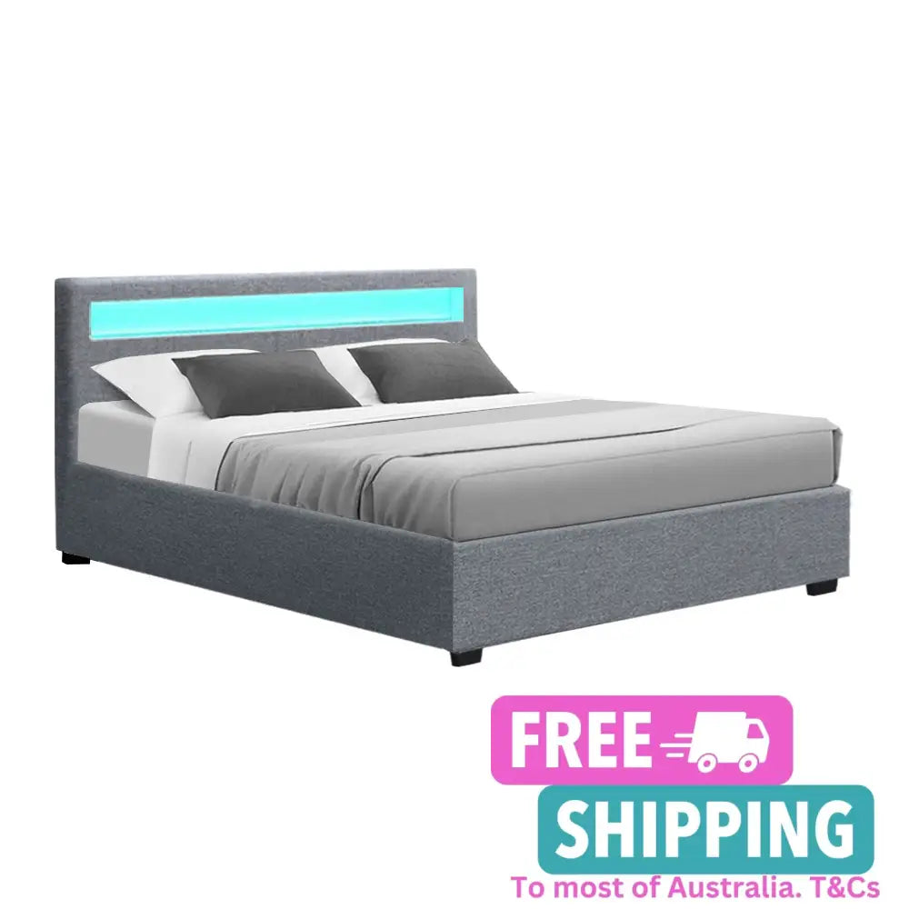 Cosmo Led Queen Bed Frame - Gas Lift Storage Grey Furniture > Bedroom