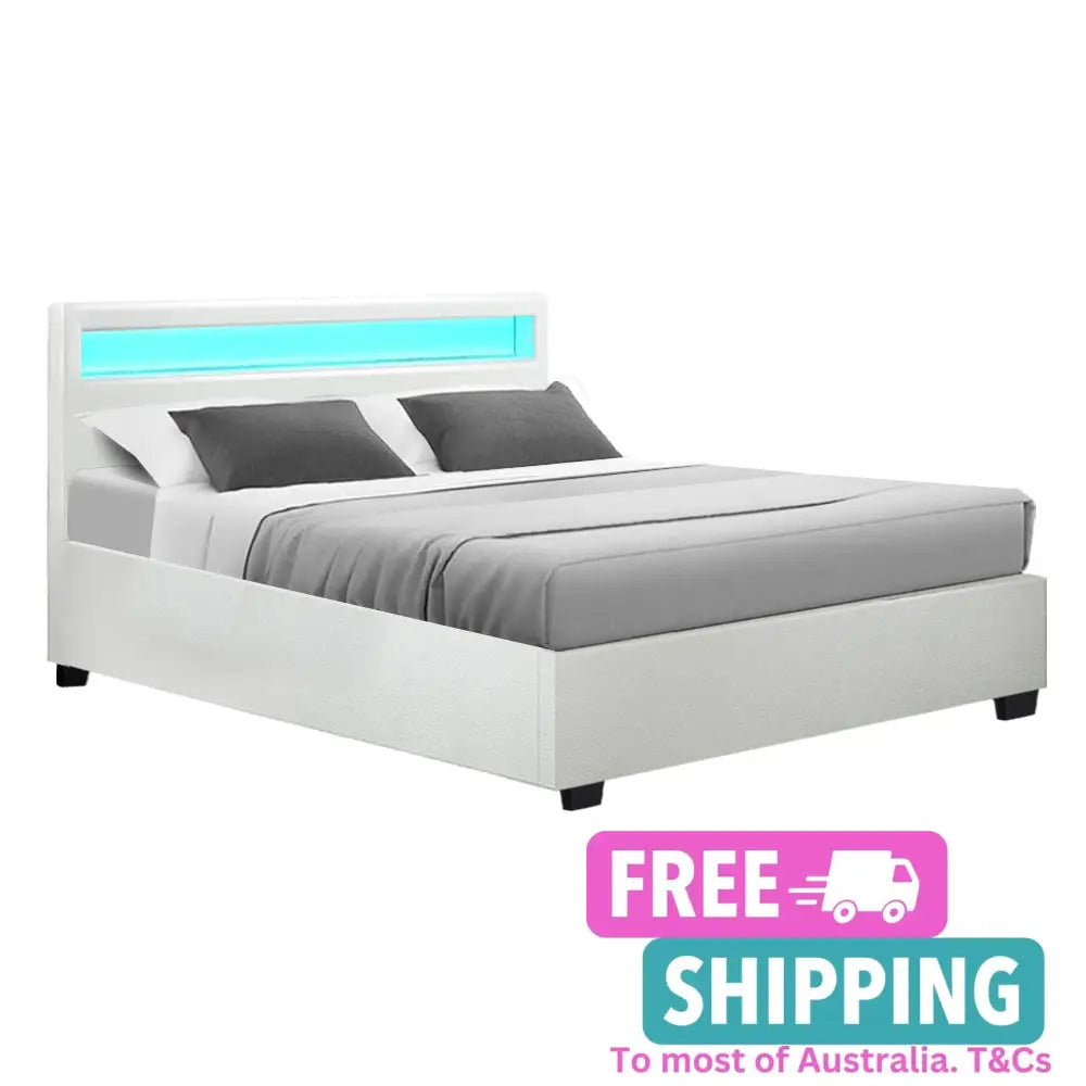 Cosmo Led Queen Bed Frame Pu Leather Gas Lift Storage - White Furniture > Bedroom