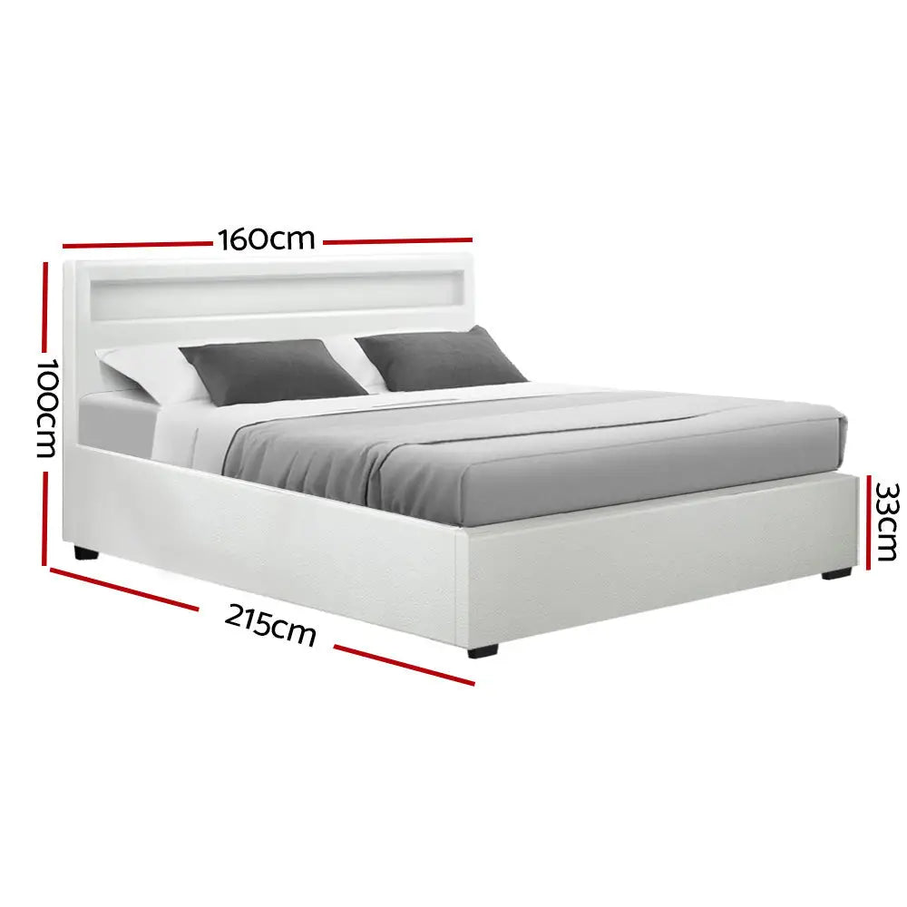 Cosmo Led Queen Bed Frame Pu Leather Gas Lift Storage - White Furniture > Bedroom