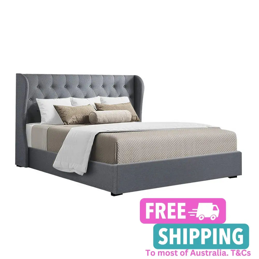 Zenith Queen Bed Frame Fabric Gas Lift Storage - Grey Furniture > Bedroom