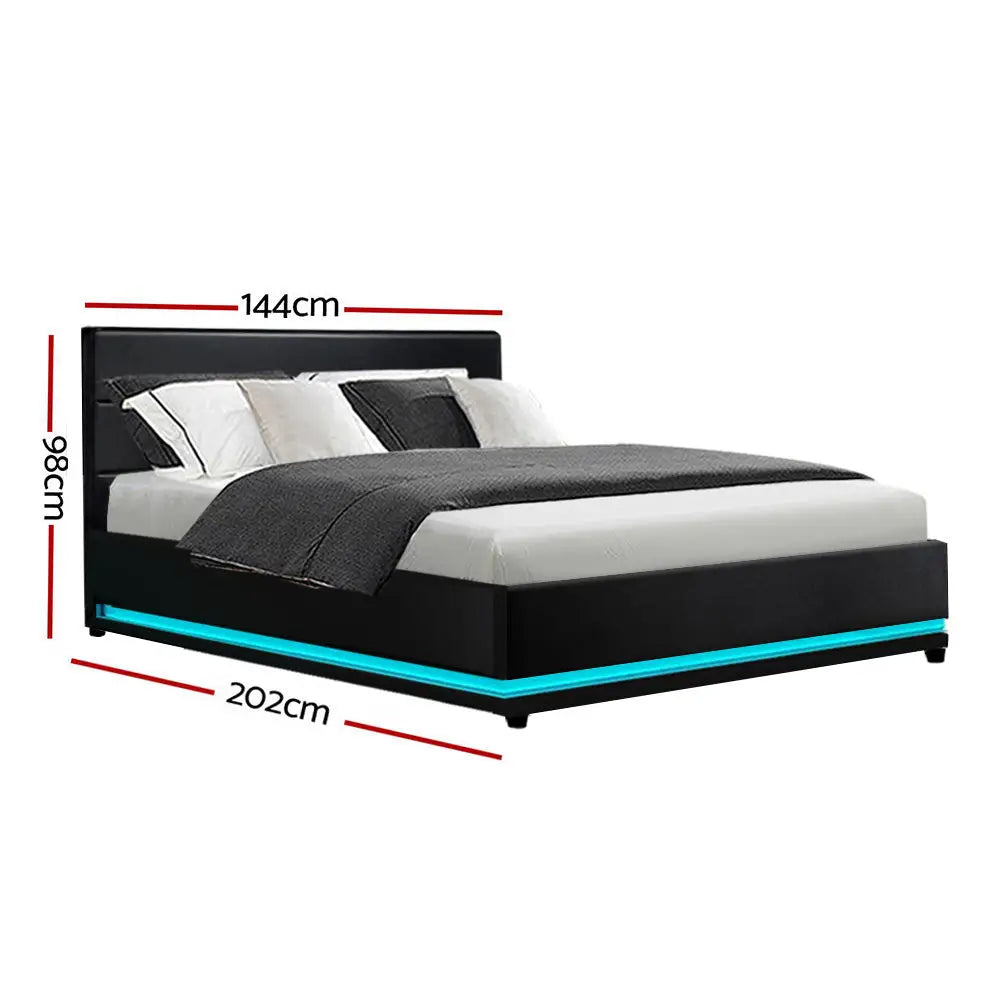 Aurora Led Double Bed Frame Pu Leather Gas Lift Storage - Black Furniture > Bedroom