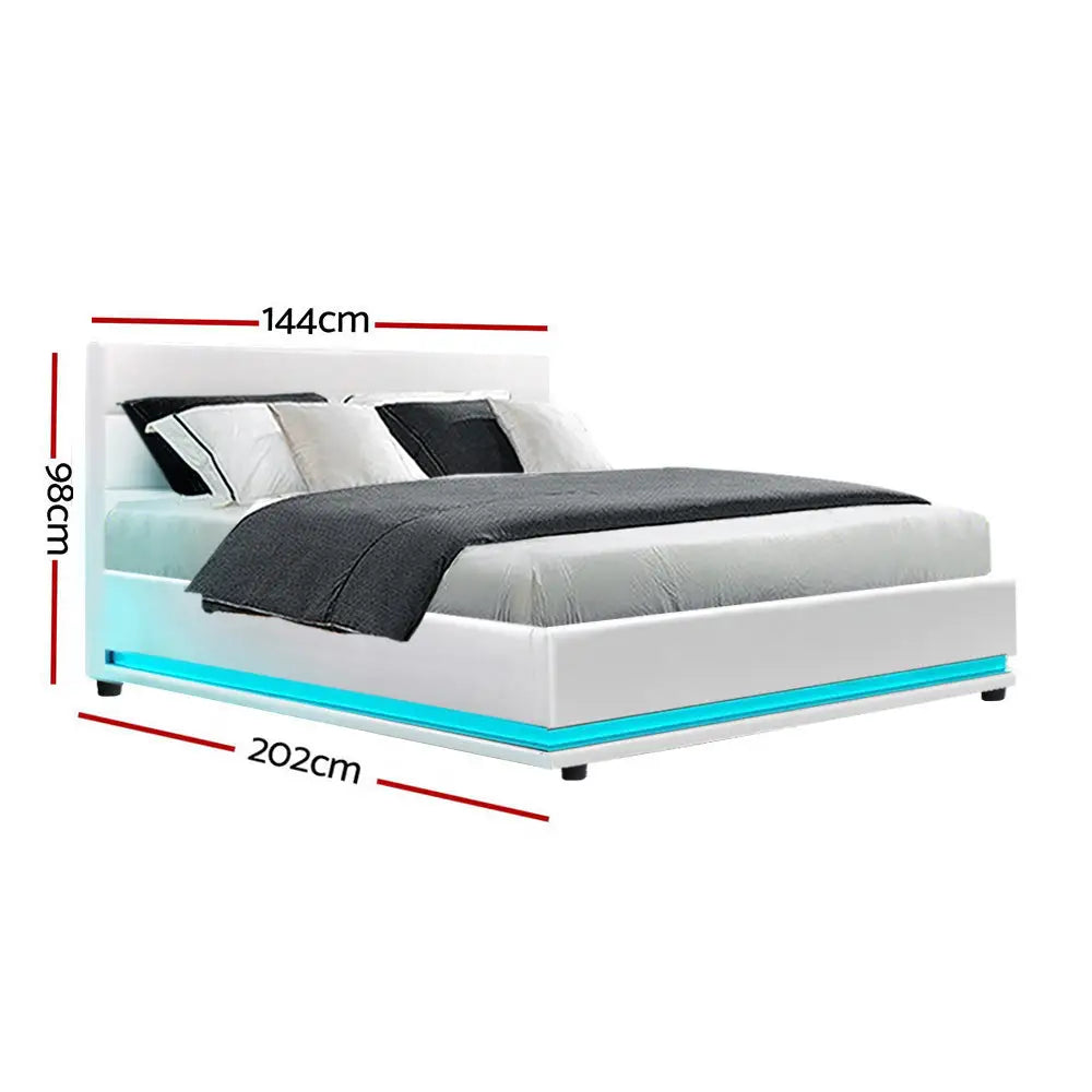 Aurora Led Double Bed Frame Pu Leather Gas Lift Storage - White Furniture > Bedroom