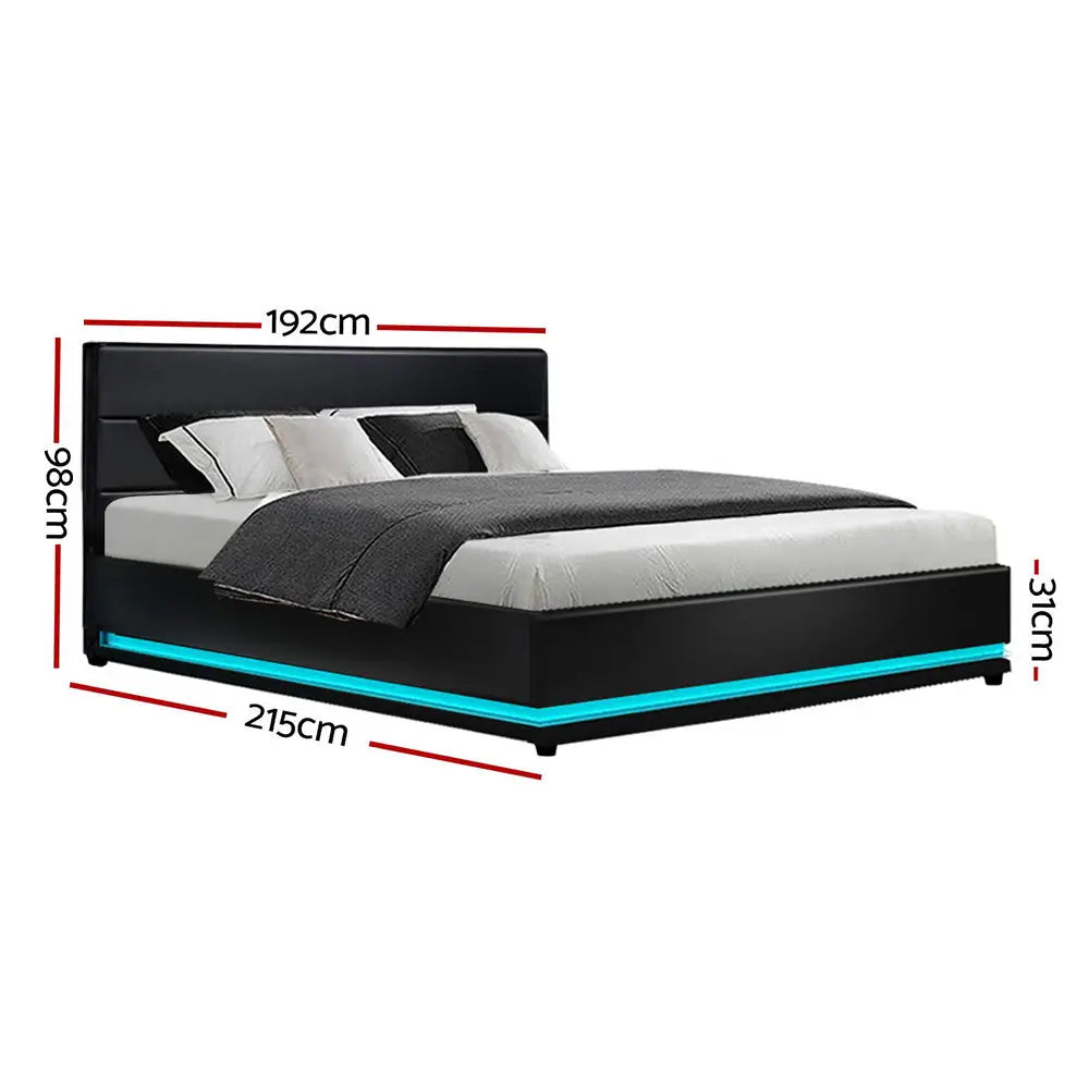 Aurora Led King Bed Frame Pu Leather Gas Lift Storage - Black Furniture > Bedroom