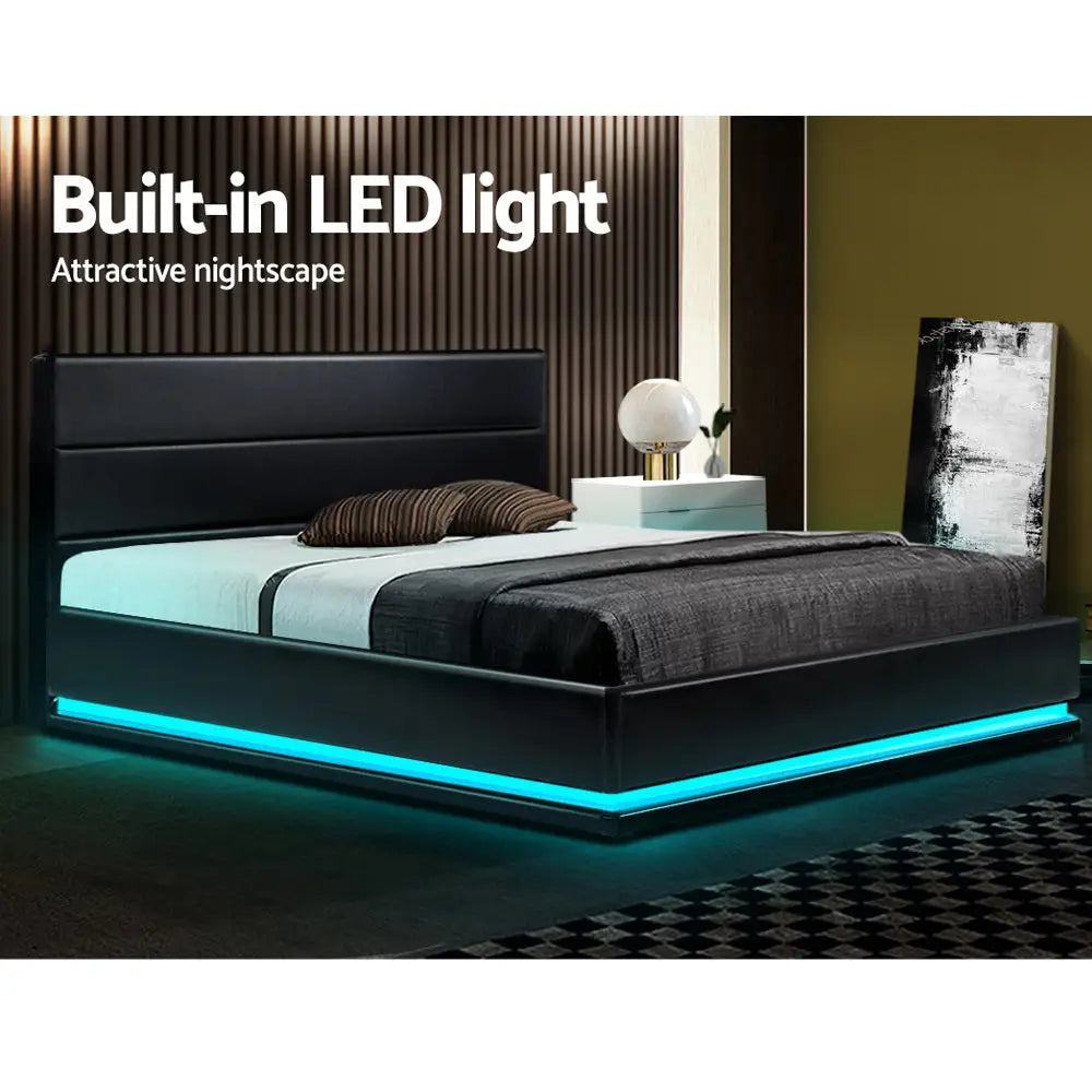 Aurora Led King Bed Frame Pu Leather Gas Lift Storage - Black Furniture > Bedroom