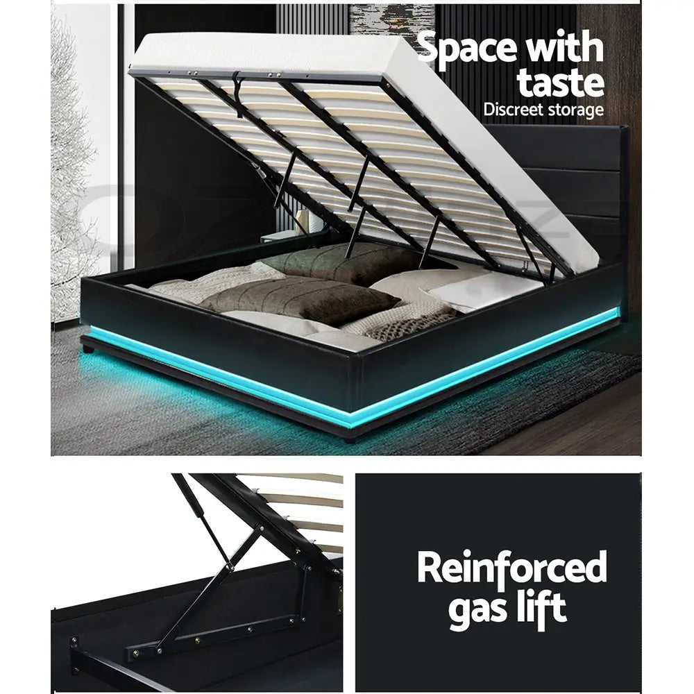 Aurora Led King Bed Frame Pu Leather Gas Lift Storage - Black Furniture > Bedroom