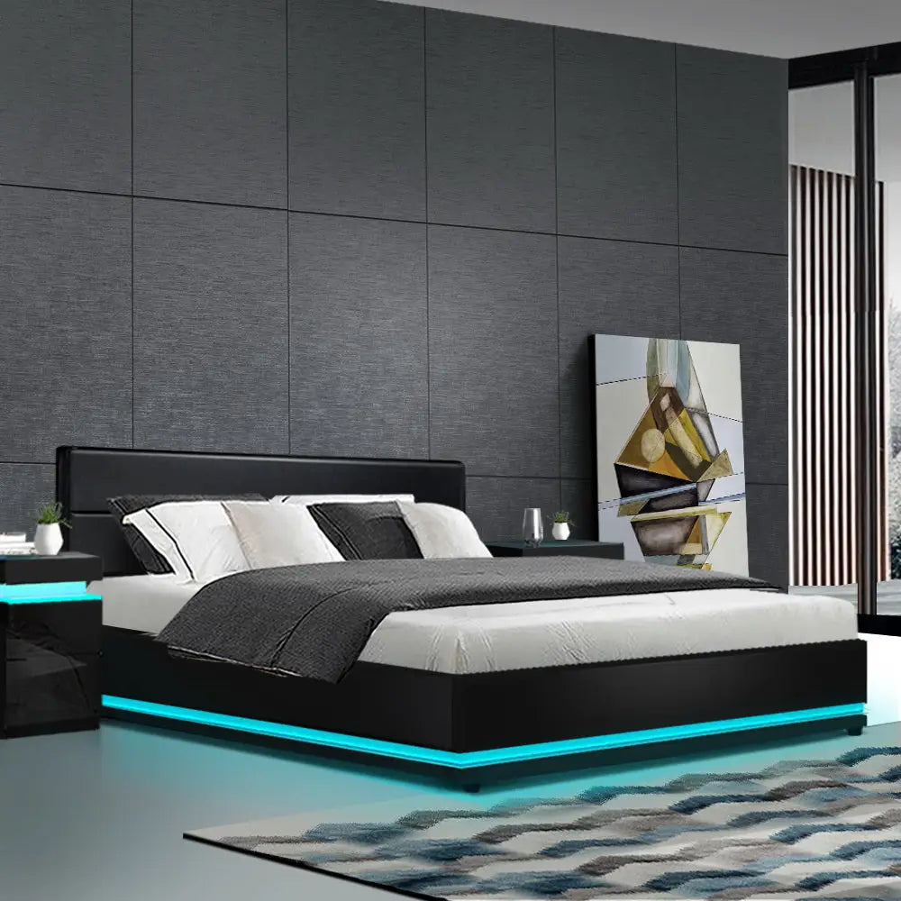 Aurora Led King Bed Frame Pu Leather Gas Lift Storage - Black Furniture > Bedroom