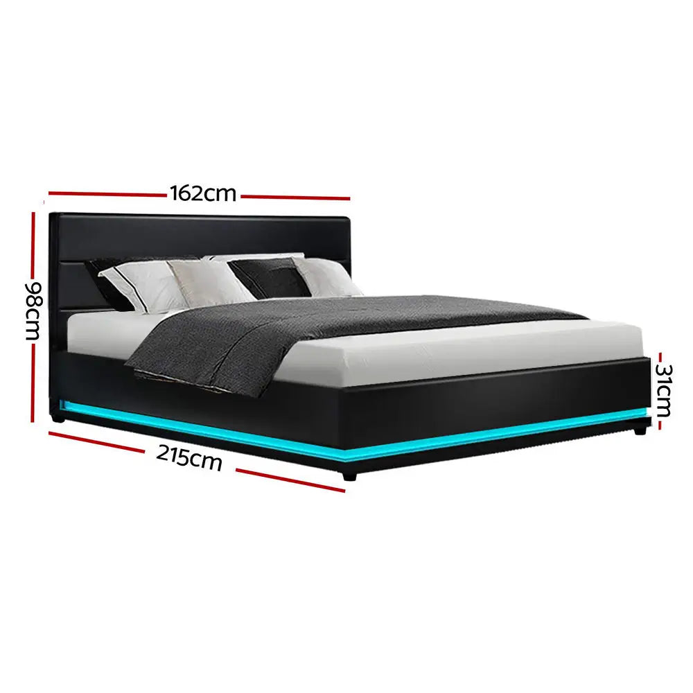 Aurora Led Queen Bed Frame Pu Leather Gas Lift Storage - Black Furniture > Bedroom
