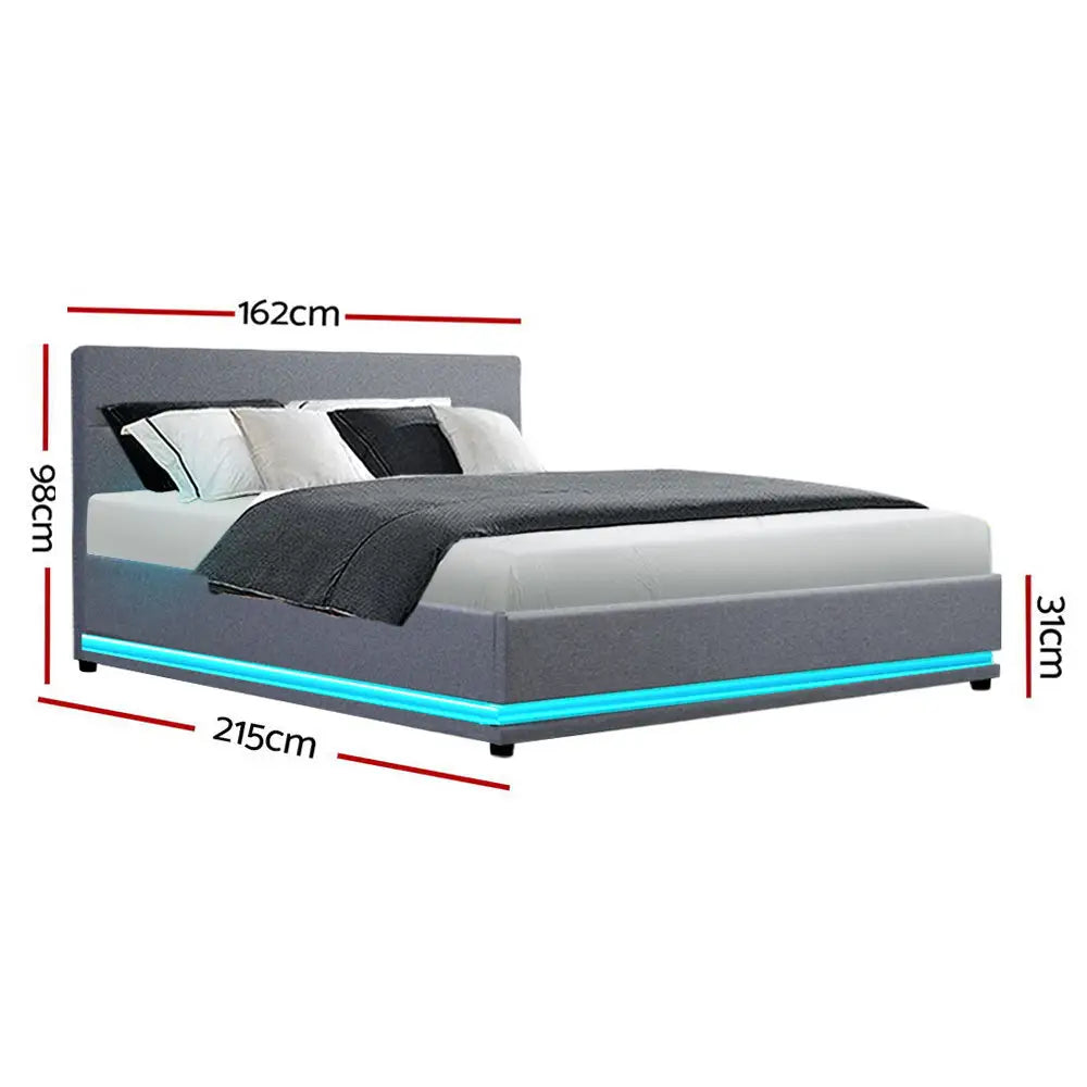 Aurora Led Queen Bed Frame Fabric Gas Lift Storage - Grey Furniture > Bedroom