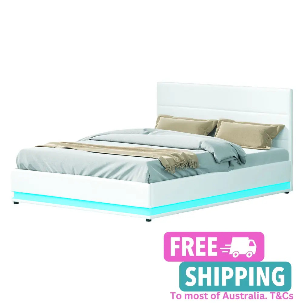 Aurora Led Queen Bed Frame Pu Leather Gas Lift Storage - White Furniture > Bedroom