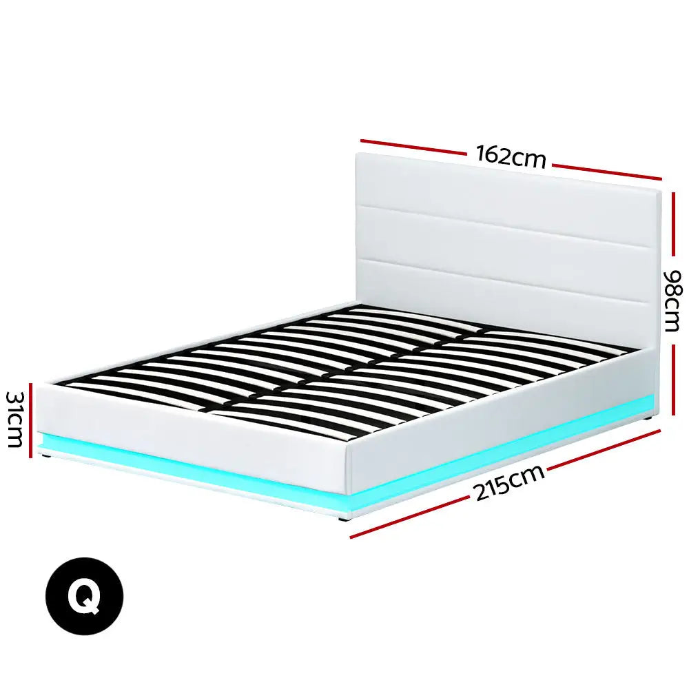 Aurora Led Queen Bed Frame Pu Leather Gas Lift Storage - White Furniture > Bedroom