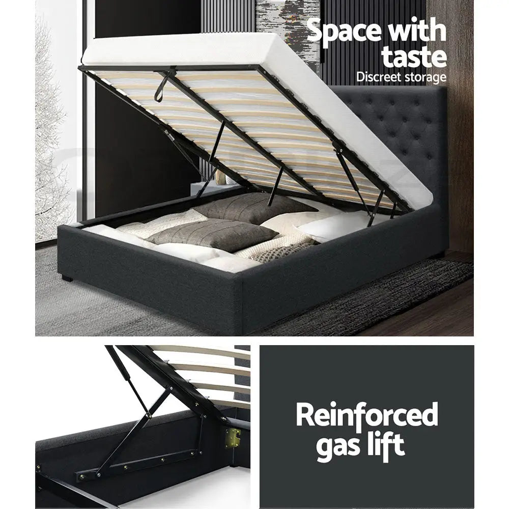Bed Frame Double Size Gas Lift Base With Storage Charcoal Fabric Vila Collection Furniture > Bedroom