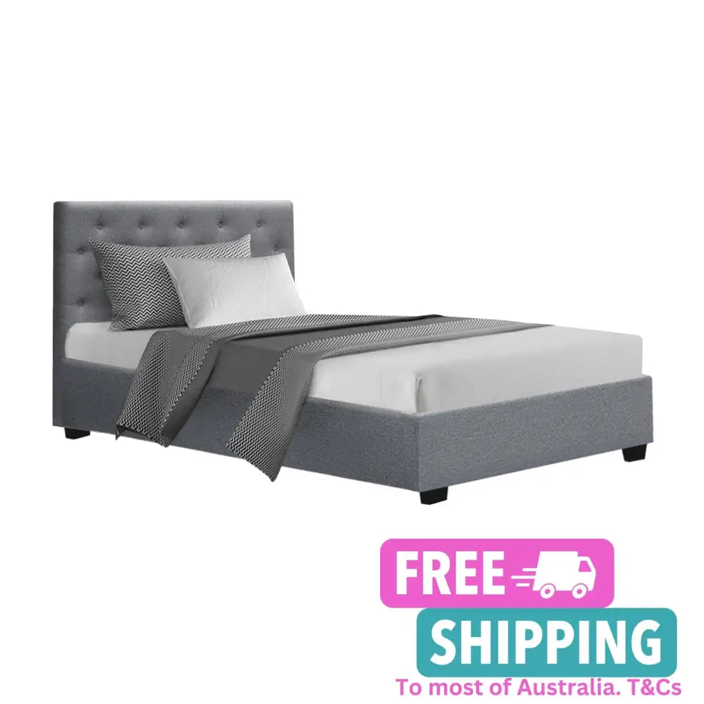 Vila Bed Frame Fabric Gas Lift Storage - Grey King Single Furniture > Bedroom