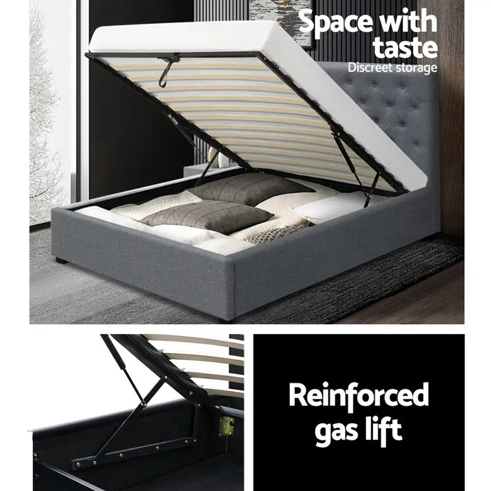 Vila Bed Frame Fabric Gas Lift Storage - Grey King Single Furniture > Bedroom