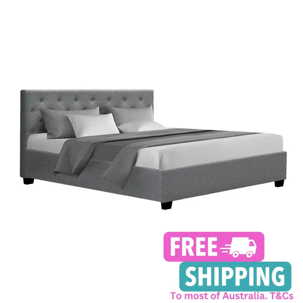 Vila Bed Frame Fabric Gas Lift Storage - Grey Queen Furniture > Bedroom