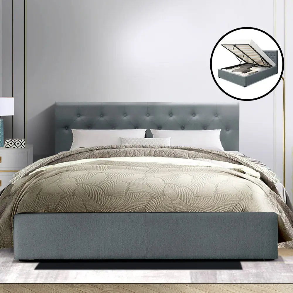 Vila Bed Frame Fabric Gas Lift Storage - Grey Queen Furniture > Bedroom