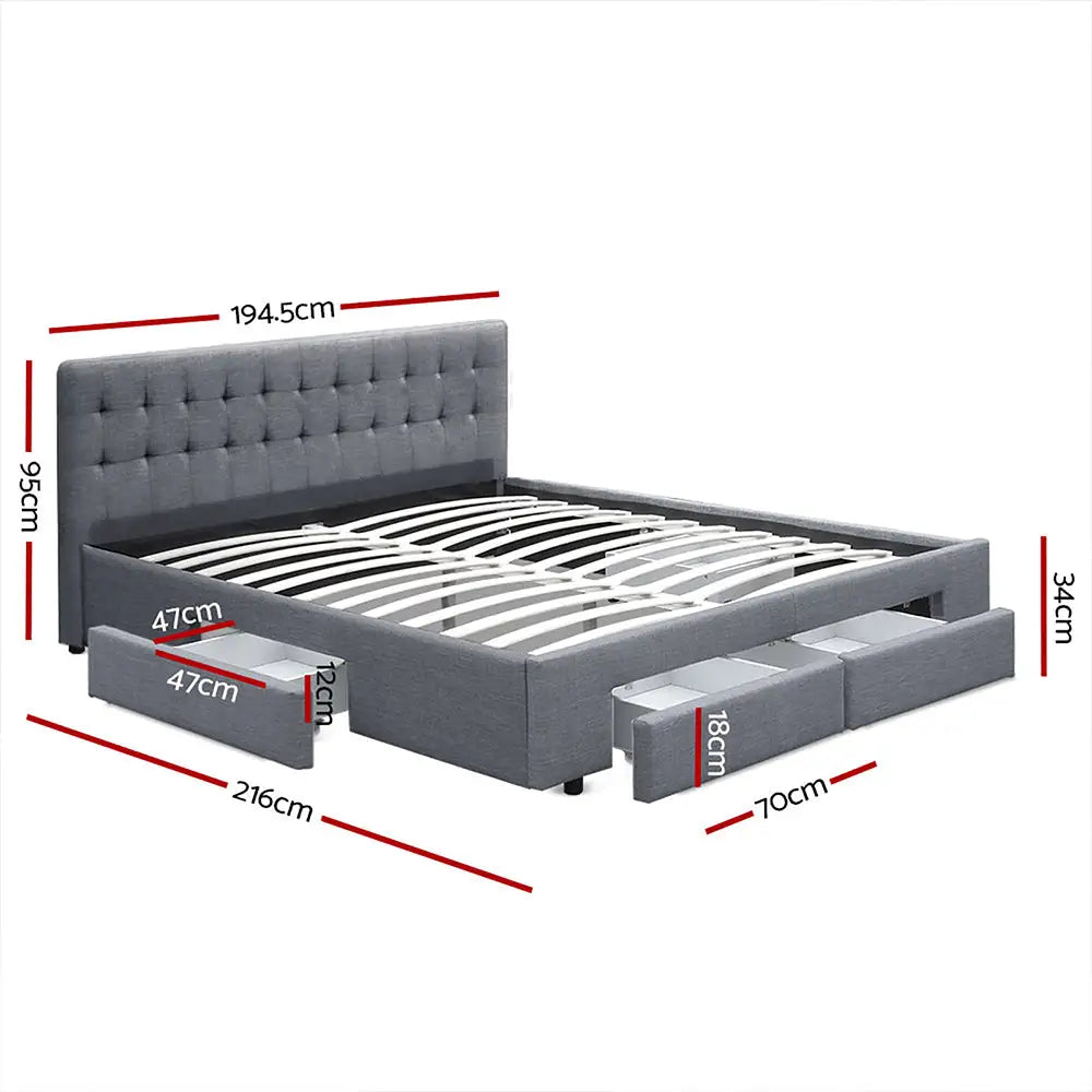 Tranquillity King Bed Frame Fabric Storage Drawers - Grey Furniture > Bedroom