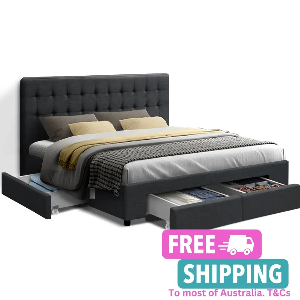 Tranquillity Queen Bed Frame Fabric Storage Drawers - Charcoal Furniture > Bedroom