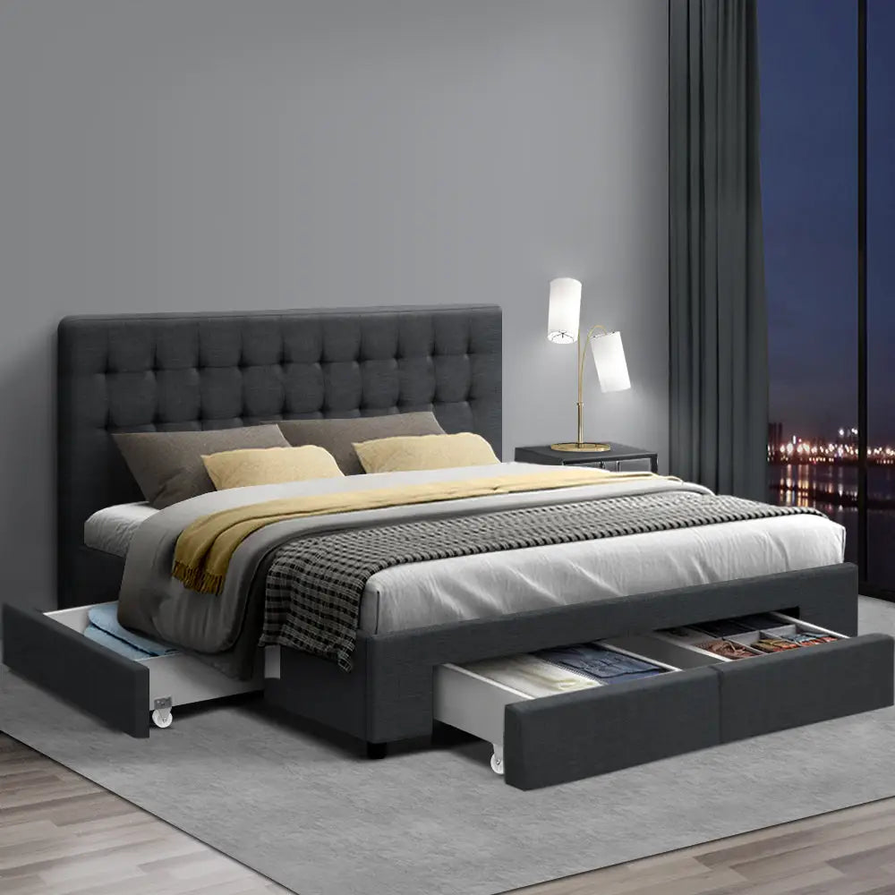 Tranquillity Queen Bed Frame Fabric Storage Drawers - Charcoal Furniture > Bedroom