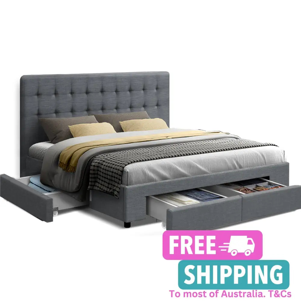 Tranquillity Queen Bed Frame Fabric Storage Drawers - Grey Furniture > Bedroom