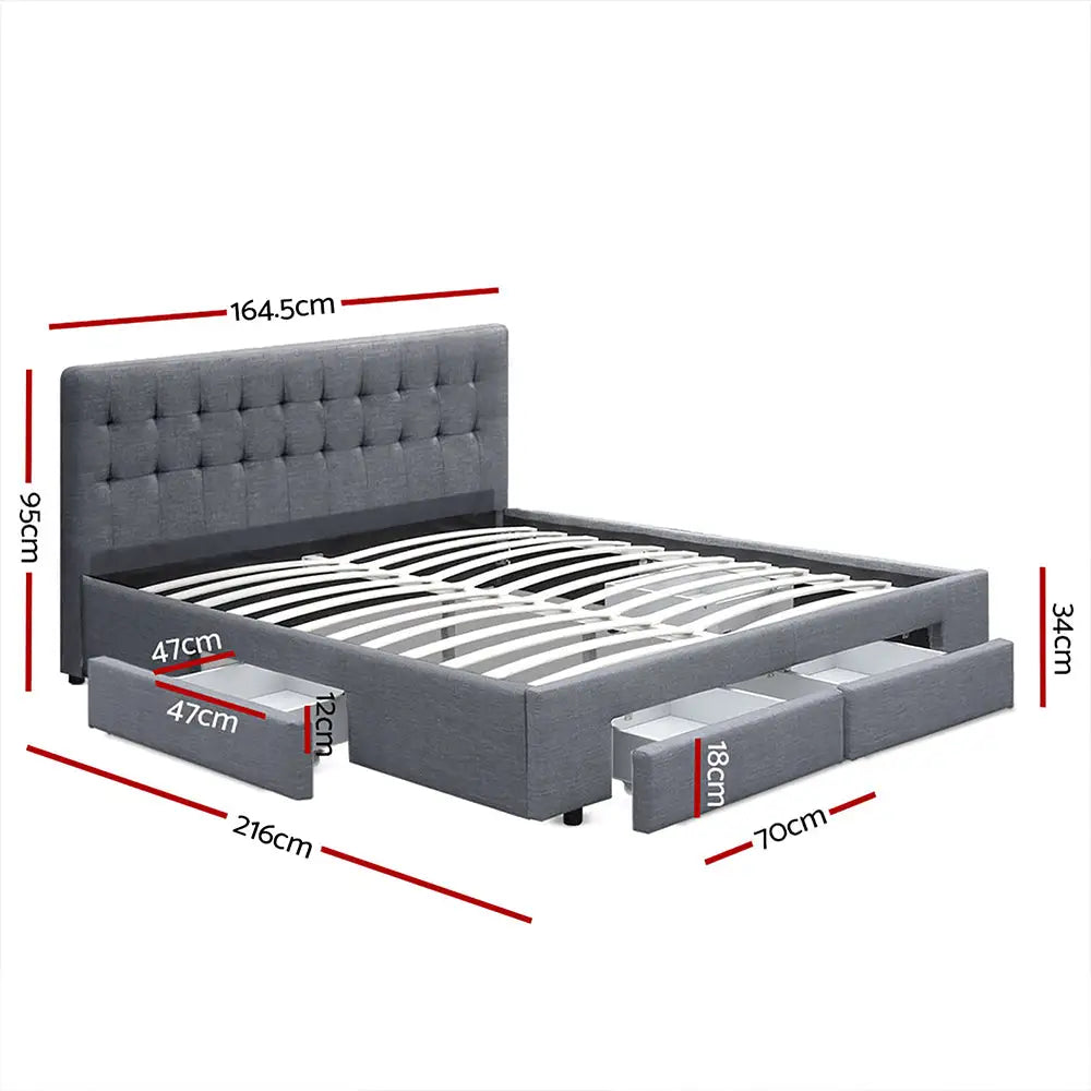 Tranquillity Queen Bed Frame Fabric Storage Drawers - Grey Furniture > Bedroom
