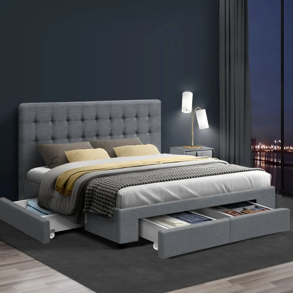 Tranquillity Queen Bed Frame Fabric Storage Drawers - Grey Furniture > Bedroom