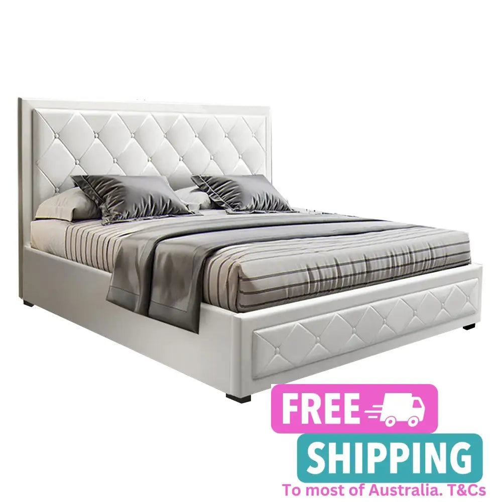 Cascade Double Bed Frame Pu Leather Gas Lift Storage - White Furniture > Bedroom