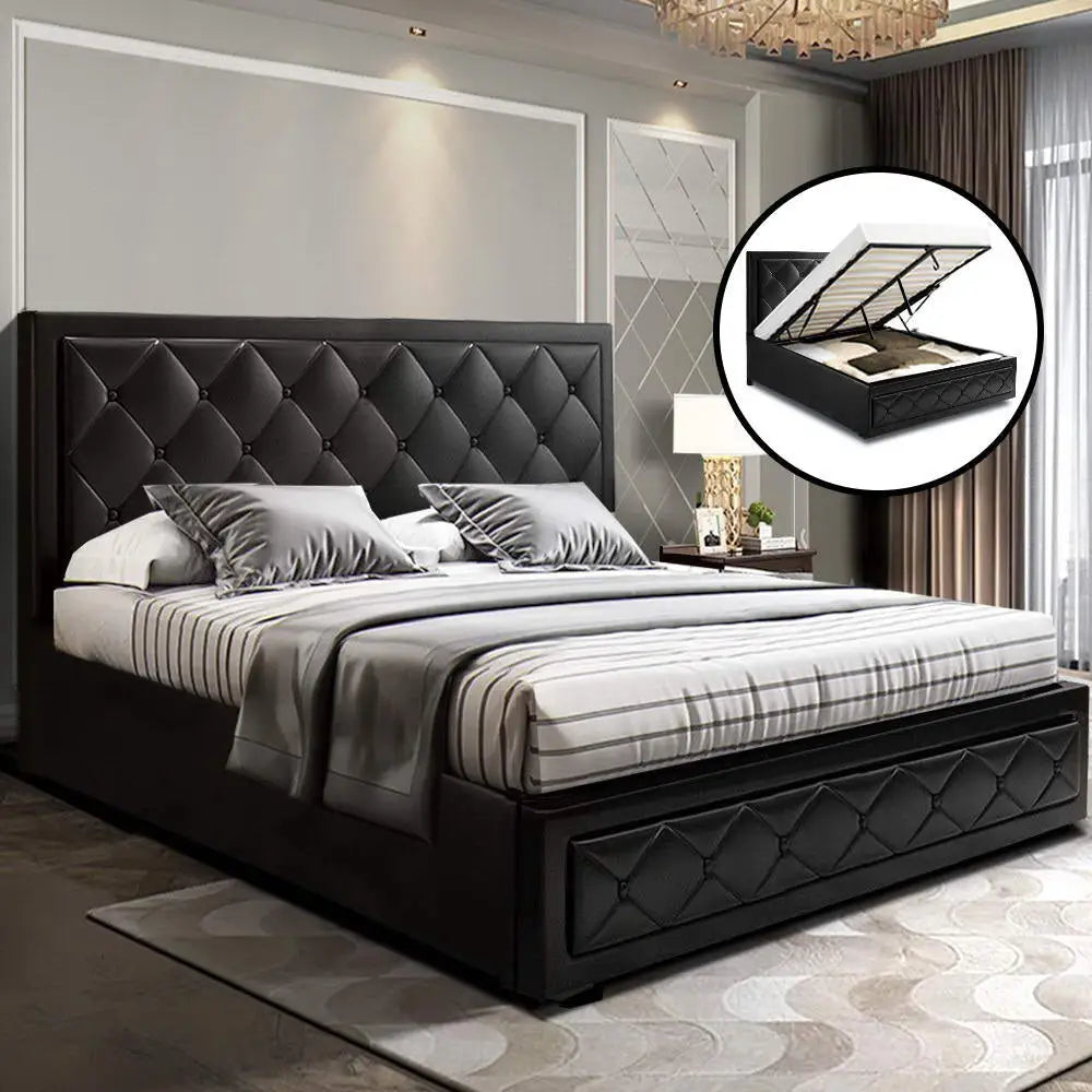 Cascade Double Bed Frame Size Gas Lift Base With Storage Black Leather Furniture > Bedroom