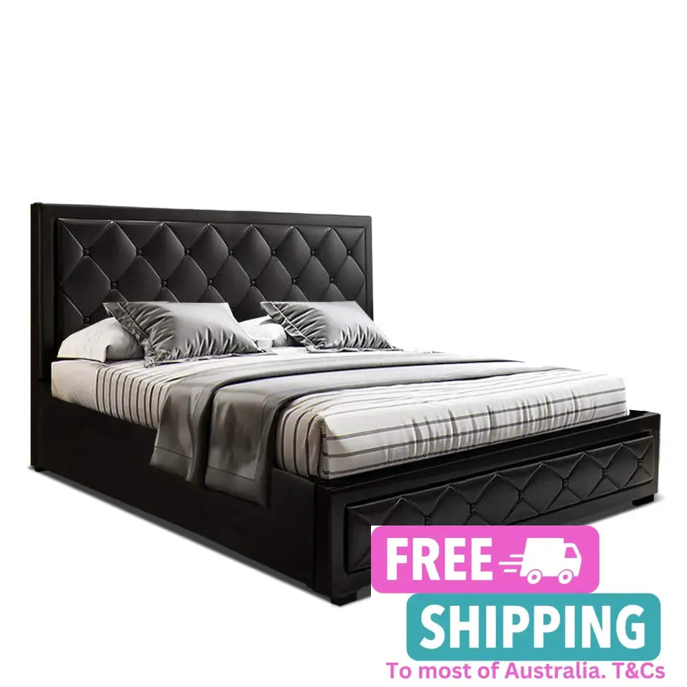 Cascade Queen Bed Frame Pu Leather Gas Lift Storage - Black Furniture > Bedroom