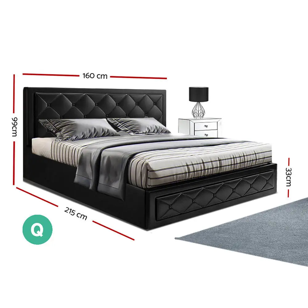 Cascade Queen Bed Frame Pu Leather Gas Lift Storage - Black Furniture > Bedroom
