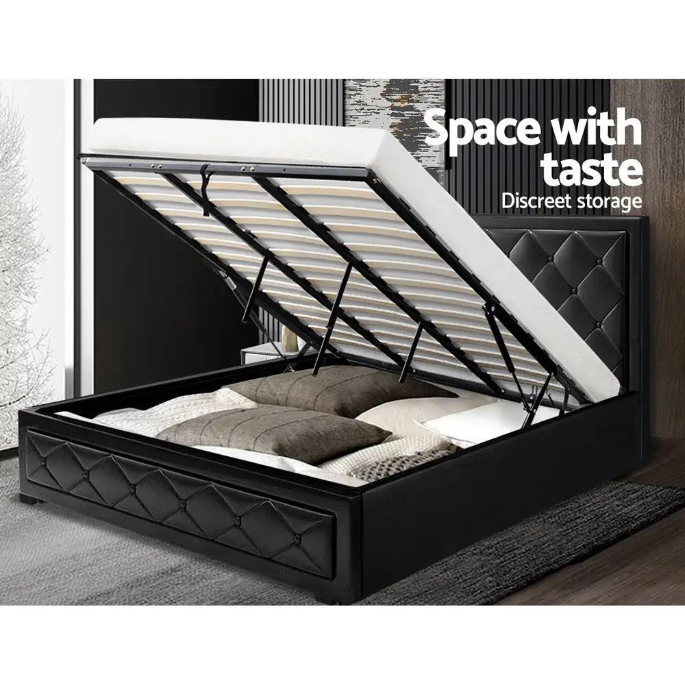 Cascade King Bed Frame Pu Leather Gas Lift Storage - Black Furniture > Bedroom