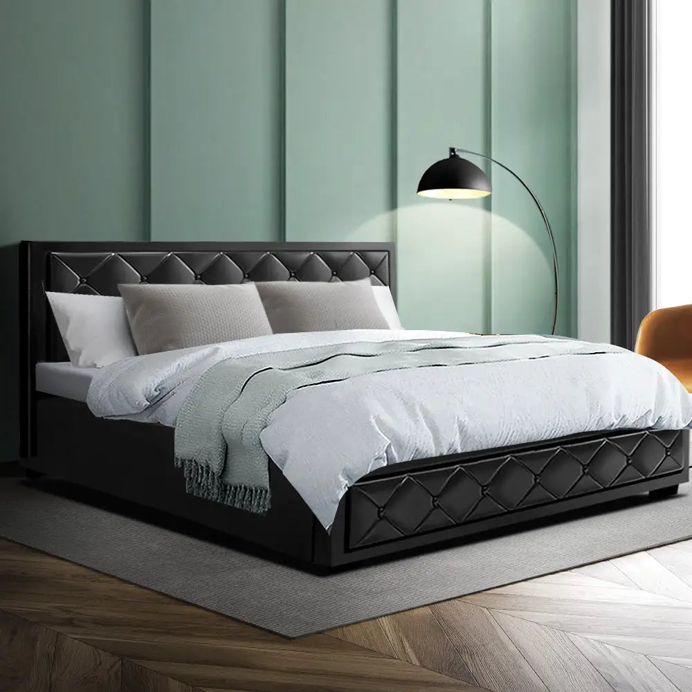 Cascade King Bed Frame Pu Leather Gas Lift Storage - Black Furniture > Bedroom