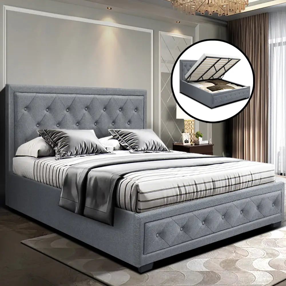 Cascade King Bed Frame Fabric Gas Lift Storage - Grey Furniture > Bedroom