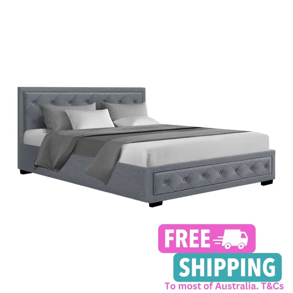 Cascade Queen Bed Frame Fabric Gas Lift Storage - Grey Furniture > Bedroom