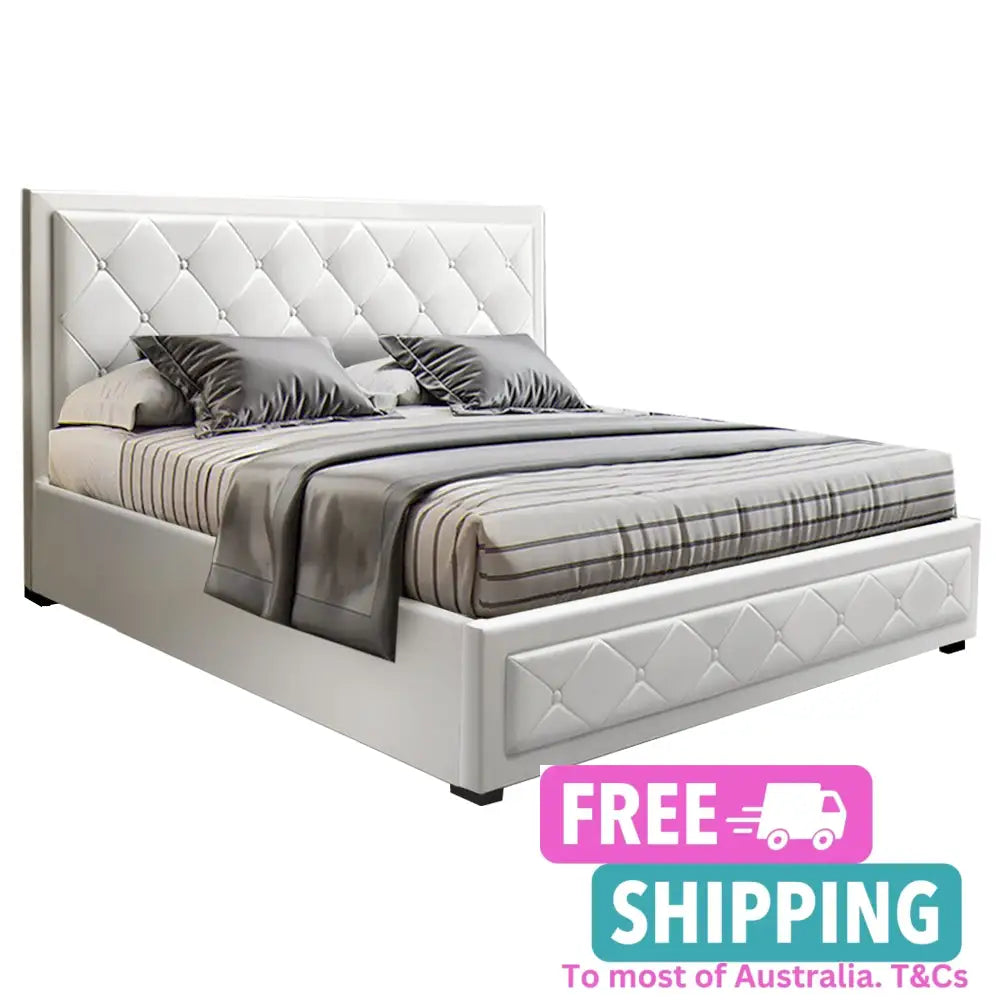 Cascade Queen Bed Frame Pu Leather Gas Lift Storage - White Furniture > Bedroom