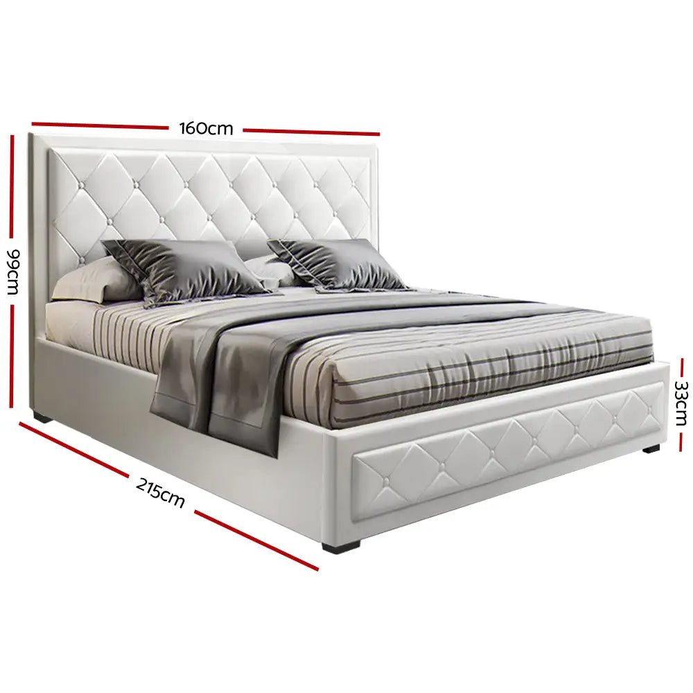 Cascade Queen Bed Frame Pu Leather Gas Lift Storage - White Furniture > Bedroom