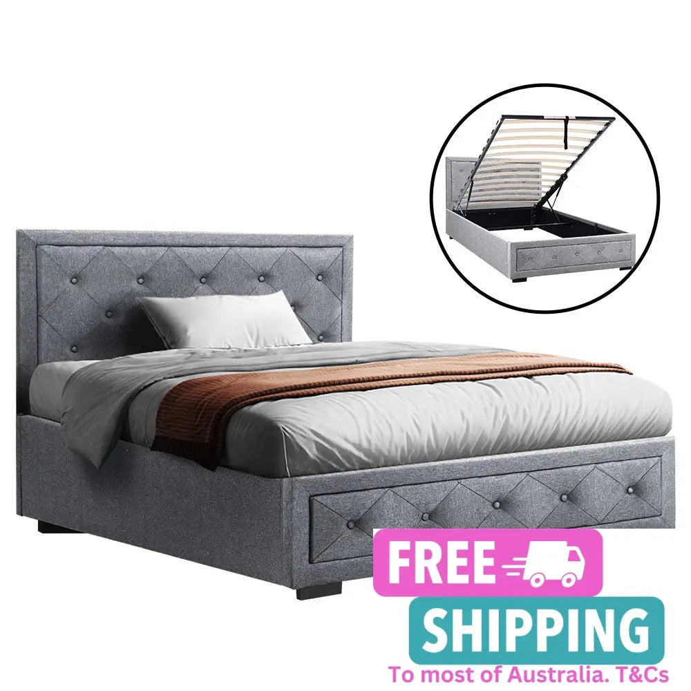 Cascade King Single Bed Frame. Gas Lift Mattress Base With Storage -Fabric Furniture > Bedroom