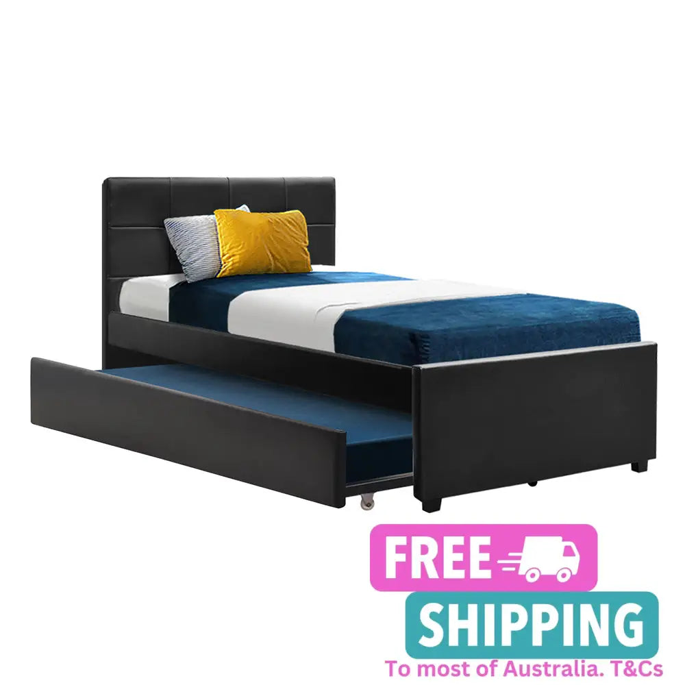 Trundle Bed Frame King Single Size Black Leather Furniture > Bedroom