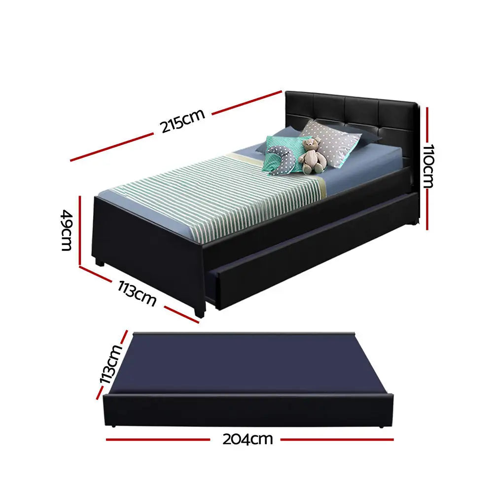 Trundle Bed Frame King Single Size Black Leather Furniture > Bedroom
