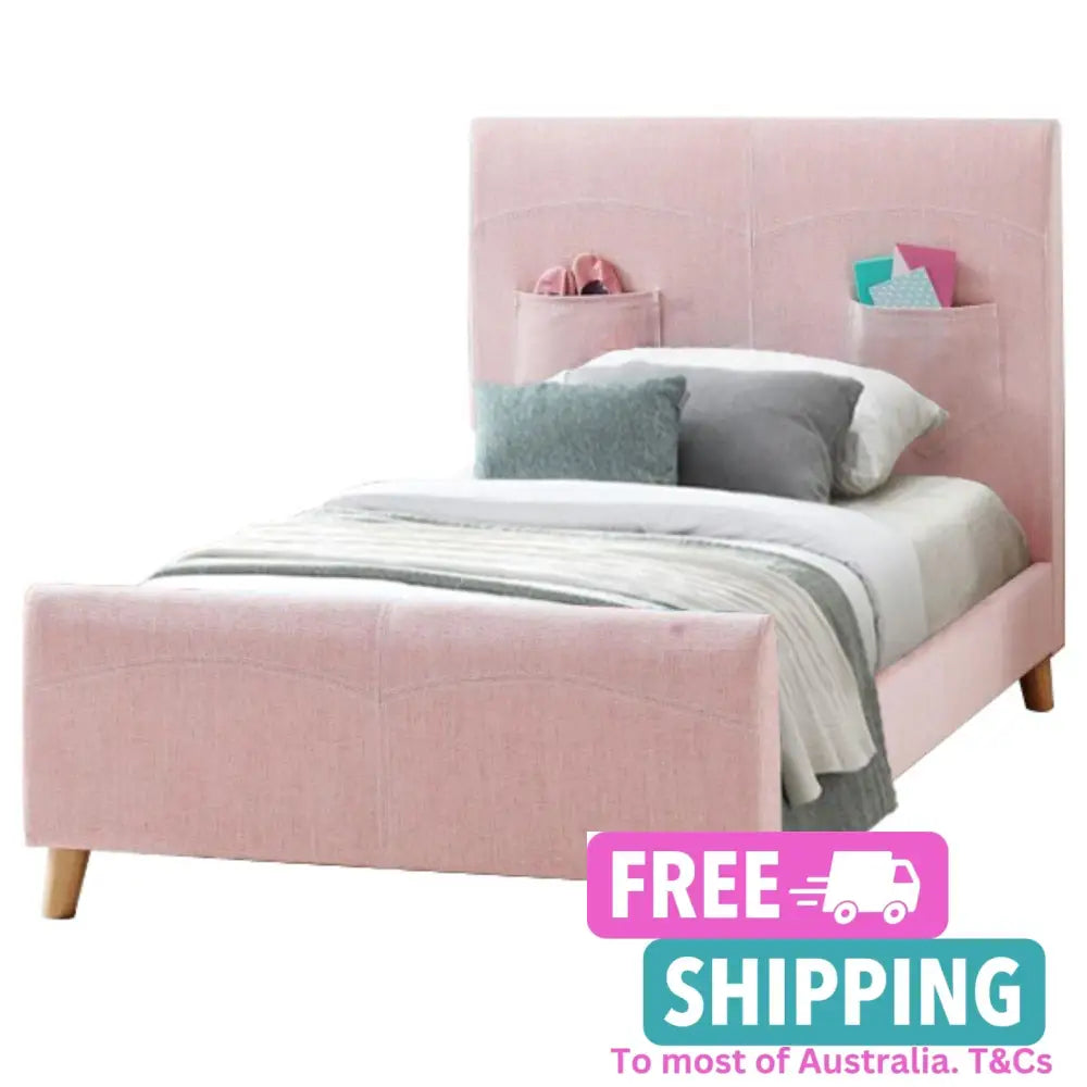 Phlox Kids Child Single Bed Fabric Upholstered Children Kid Timber Frame - Pink Furniture > Bedroom