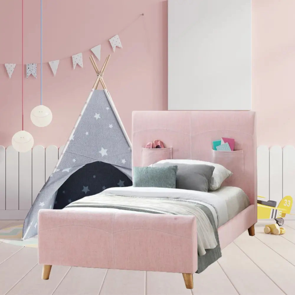 Phlox Kids Child Single Bed Fabric Upholstered Children Kid Timber Frame - Pink Furniture > Bedroom