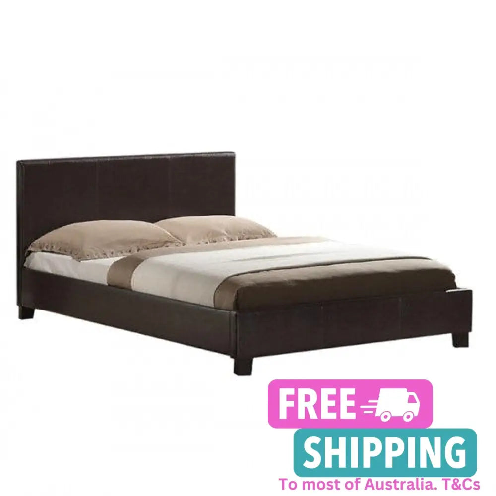 Double Size Leatheratte Bed Frame In Brown Colour With Metal Joint Slat Base Furniture > Bedroom