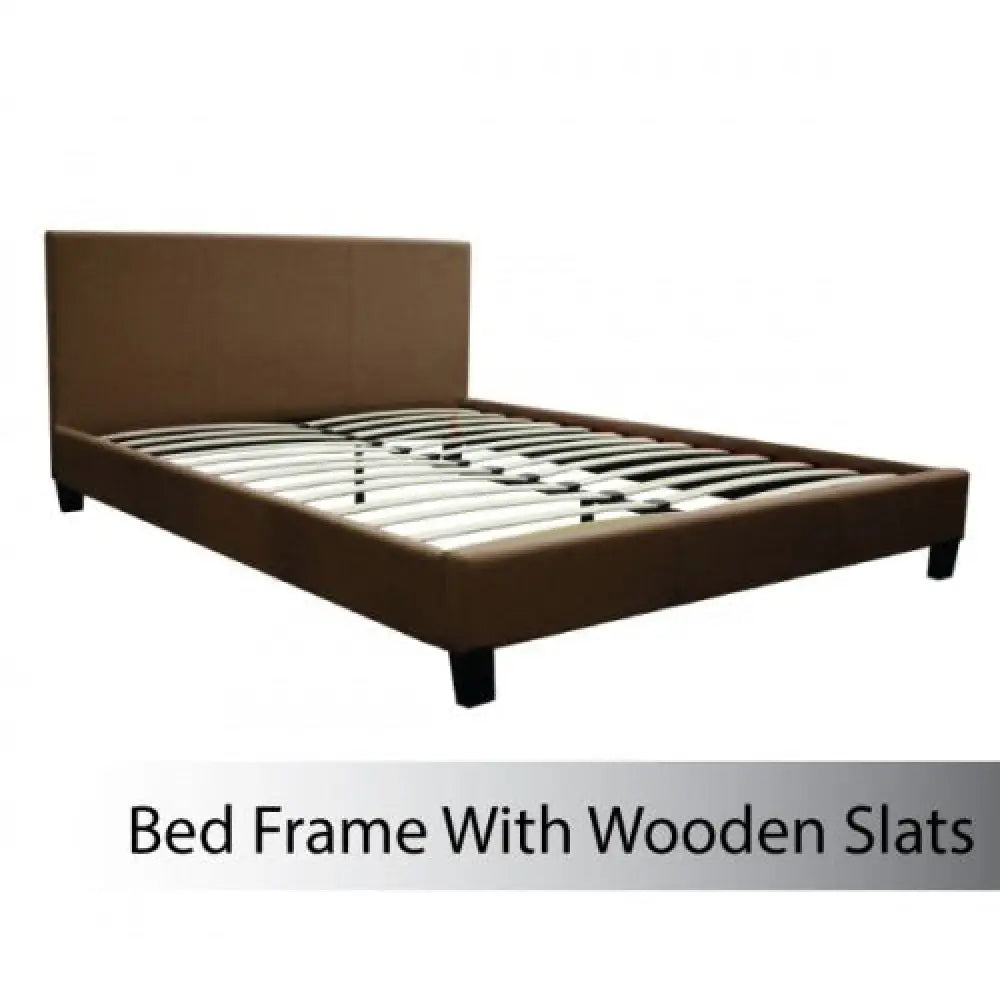 Double Size Leatheratte Bed Frame In Brown Colour With Metal Joint Slat Base Furniture > Bedroom