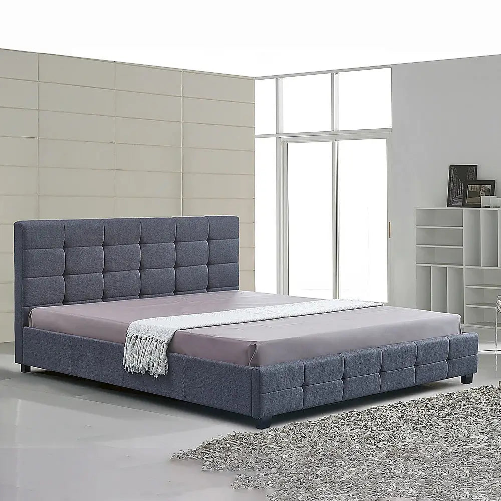 Linen Fabric King Deluxe Bed Frame Grey Furniture > Bedroom