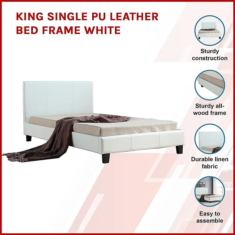 King Single Pu Leather Bed Frame White Furniture > Bedroom