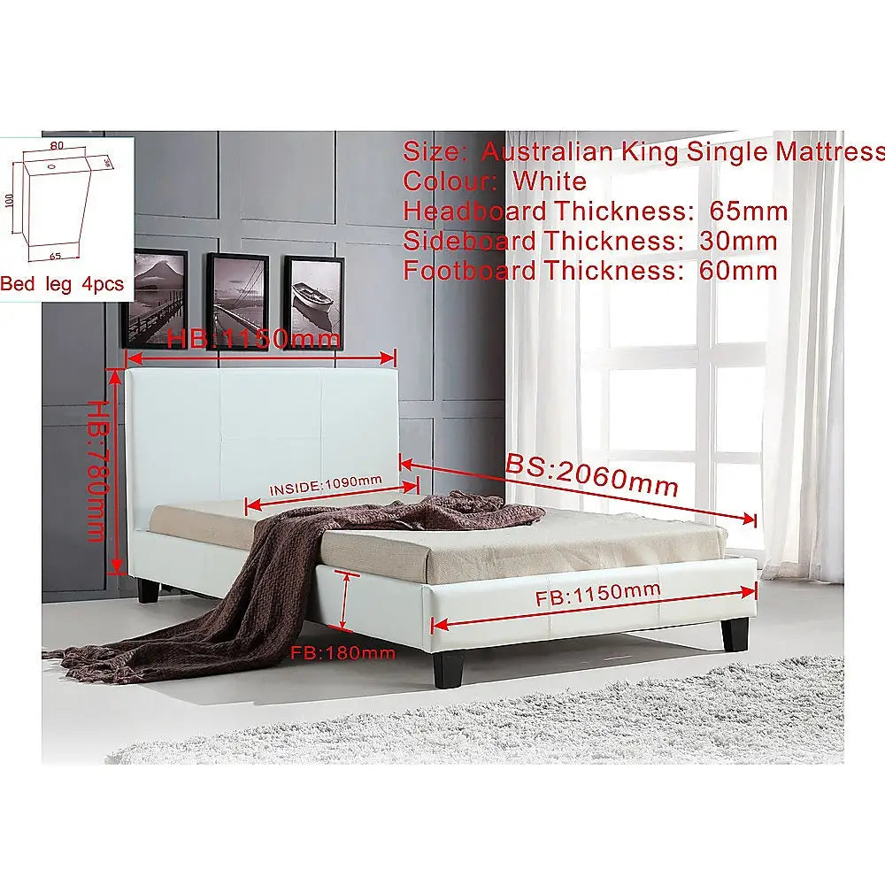 King Single Pu Leather Bed Frame White Furniture > Bedroom