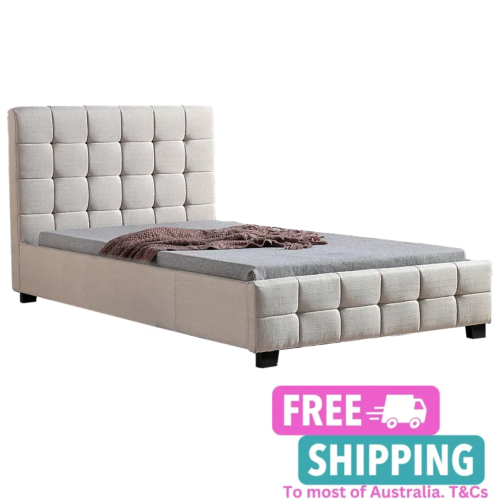 King Single Linen Fabric Deluxe Bed Frame Beige Furniture > Bedroom